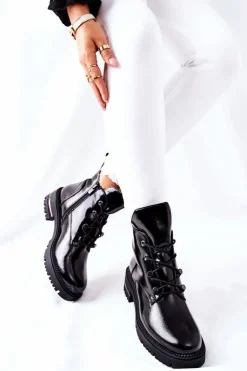 Buty Sergio Leone Czarne Botki|Botki Zimowe Damskie*Botki Lakierowane Ocieplane Sergio Leone Czarne TR744