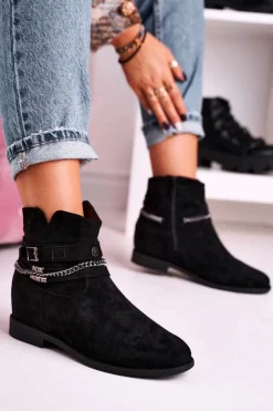Boto Botki Na Koturnie Z Łańcuszkiem Zamszowe Czarne Eliza