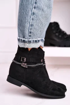 Boto Botki Na Koturnie Z Łańcuszkiem Zamszowe Czarne Eliza