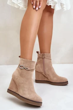Damskie Boto Botki Na Koturnie Z Ozdobnym Paskiem Beżowe Kaiviana