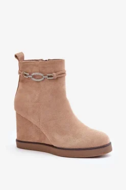 Damskie Boto Botki Na Koturnie Z Ozdobnym Paskiem Beżowe Kaiviana