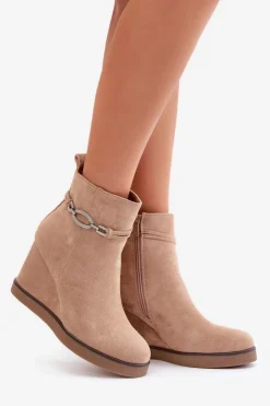 Damskie Boto Botki Na Koturnie Z Ozdobnym Paskiem Beżowe Kaiviana
