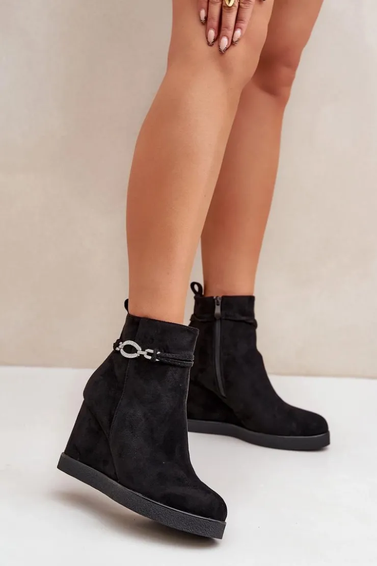 Boto Botki Ocieplane|Botki Na Koturnie*Botki Na Koturnie Z Ozdobnym Paskiem Czarne Kaiviana Czarny