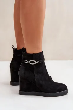 Boto Botki Ocieplane|Botki Na Koturnie*Botki Na Koturnie Z Ozdobnym Paskiem Czarne Kaiviana Czarny