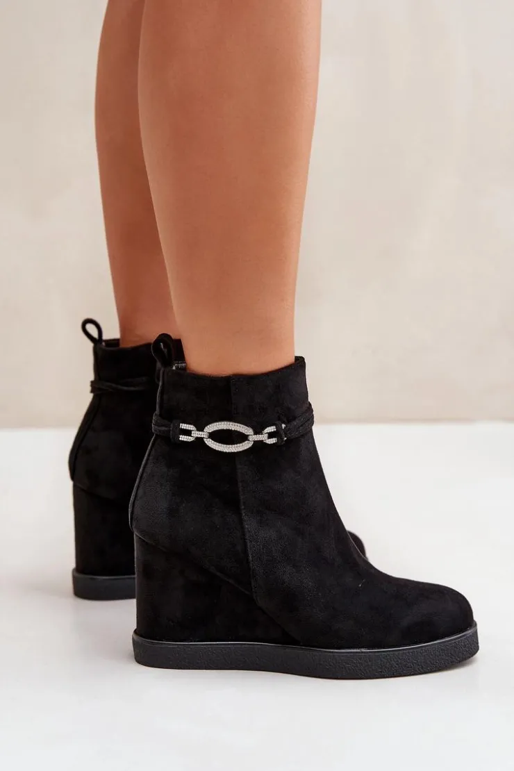 Boto Botki Ocieplane|Botki Na Koturnie*Botki Na Koturnie Z Ozdobnym Paskiem Czarne Kaiviana Czarny