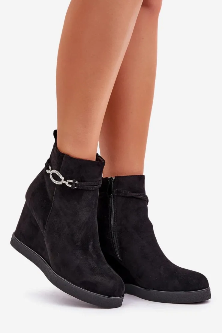 Boto Botki Ocieplane|Botki Na Koturnie*Botki Na Koturnie Z Ozdobnym Paskiem Czarne Kaiviana Czarny