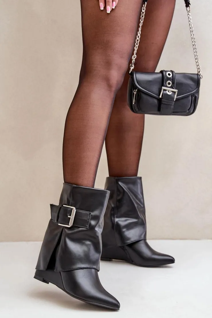 New Boto Botki Na Koturnie Z Wywiniętą Cholewką I Klamrą Czarne Vortinia Czarny