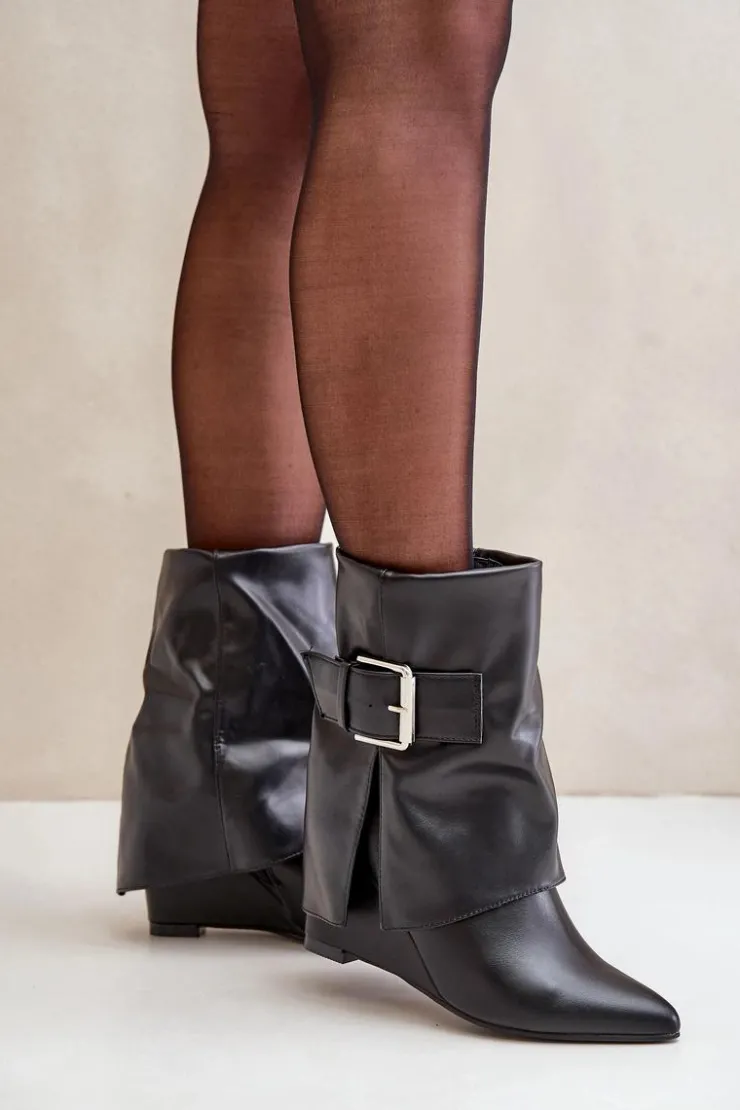 New Boto Botki Na Koturnie Z Wywiniętą Cholewką I Klamrą Czarne Vortinia Czarny