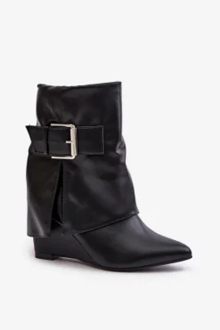 New Boto Botki Na Koturnie Z Wywiniętą Cholewką I Klamrą Czarne Vortinia Czarny