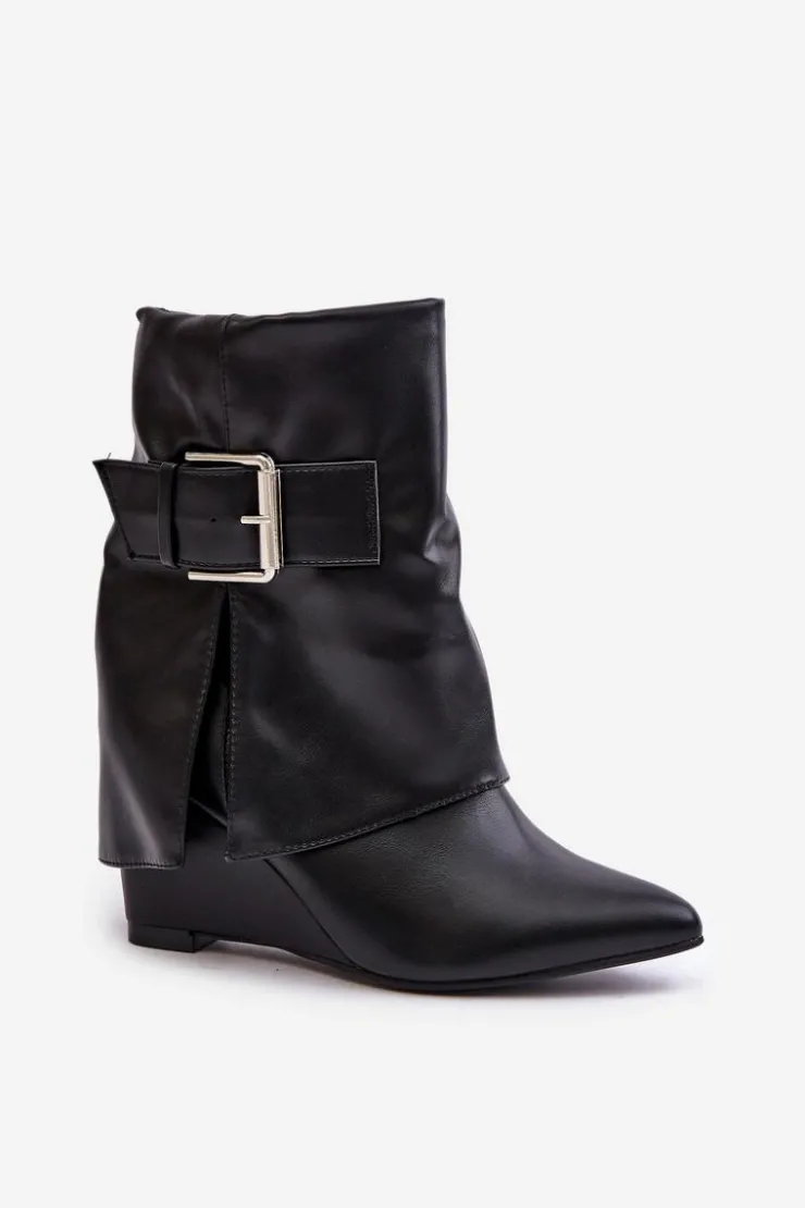 New Boto Botki Na Koturnie Z Wywiniętą Cholewką I Klamrą Czarne Vortinia Czarny