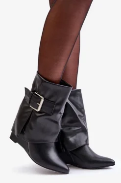 New Boto Botki Na Koturnie Z Wywiniętą Cholewką I Klamrą Czarne Vortinia Czarny