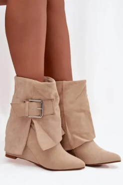 Online Boto Botki Na Koturnie Z Wywiniętą Cholewką I Klamrą Eko Zamszowe Beżowe Vortinia