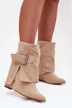 Online Boto Botki Na Koturnie Z Wywiniętą Cholewką I Klamrą Eko Zamszowe Beżowe Vortinia