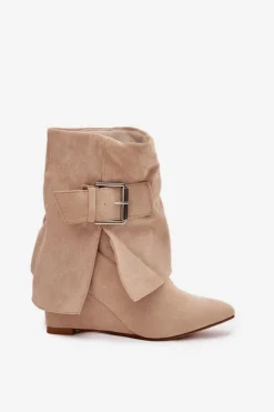 Online Boto Botki Na Koturnie Z Wywiniętą Cholewką I Klamrą Eko Zamszowe Beżowe Vortinia