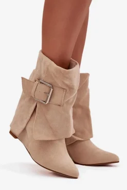 Online Boto Botki Na Koturnie Z Wywiniętą Cholewką I Klamrą Eko Zamszowe Beżowe Vortinia