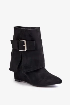 Boto Botki Na Koturnie|Czarne Botki*Botki Na Koturnie Z Wywiniętą Cholewką I Klamrą Eko Zamszowe Czarne Vortinia Czarny