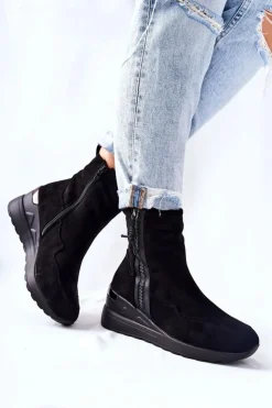 Damskie Evento Botki Na Koturnie Zamszowe Czarne Athelaine