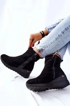 Damskie Evento Botki Na Koturnie Zamszowe Czarne Athelaine