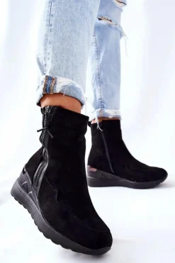 Damskie Evento Botki Na Koturnie Zamszowe Czarne Athelaine