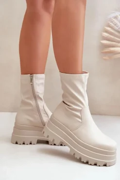 Boto Botki Ocieplane|Brązowe I Beżowe Botki*Botki Na Masywnej Platformie Jasnobeżowe Florinara Beżowy