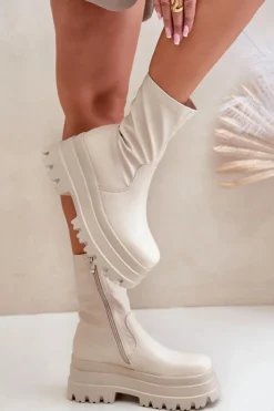 Boto Botki Ocieplane|Brązowe I Beżowe Botki*Botki Na Masywnej Platformie Jasnobeżowe Florinara Beżowy