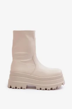 Boto Botki Ocieplane|Brązowe I Beżowe Botki*Botki Na Masywnej Platformie Jasnobeżowe Florinara Beżowy