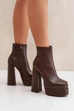 Damskie Boto Botki Na Masywnej Platformie I Słupku Ocieplane Czekoladowe Selahra