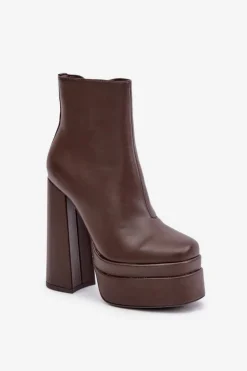 Damskie Boto Botki Na Masywnej Platformie I Słupku Ocieplane Czekoladowe Selahra
