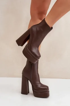 Damskie Boto Botki Na Masywnej Platformie I Słupku Ocieplane Czekoladowe Selahra