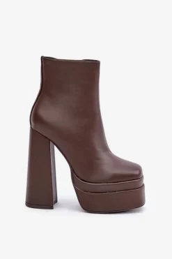 Damskie Boto Botki Na Masywnej Platformie I Słupku Ocieplane Czekoladowe Selahra