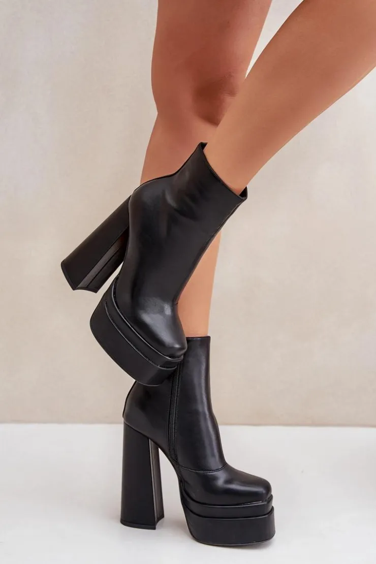 Clearance Boto Botki Na Masywnej Platformie I Słupku Ocieplane Czarne Selahra
