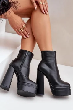 Clearance Boto Botki Na Masywnej Platformie I Słupku Ocieplane Czarne Selahra