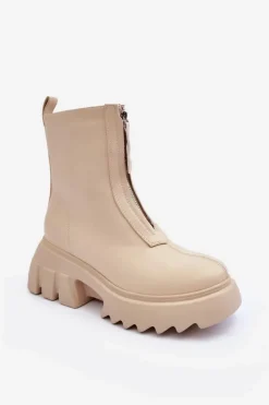 Damskie Boto Botki Na Masywnej Platformie Z Suwakiem Beżowe Kusma