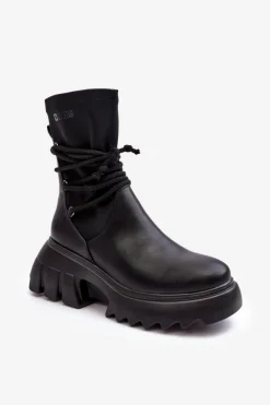 Damskie Big Star Shoes Botki Na Masywnej Platformie Z Wiązaniem Czarne Big Star MM274590