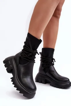 Damskie Big Star Shoes Botki Na Masywnej Platformie Z Wiązaniem Czarne Big Star MM274590