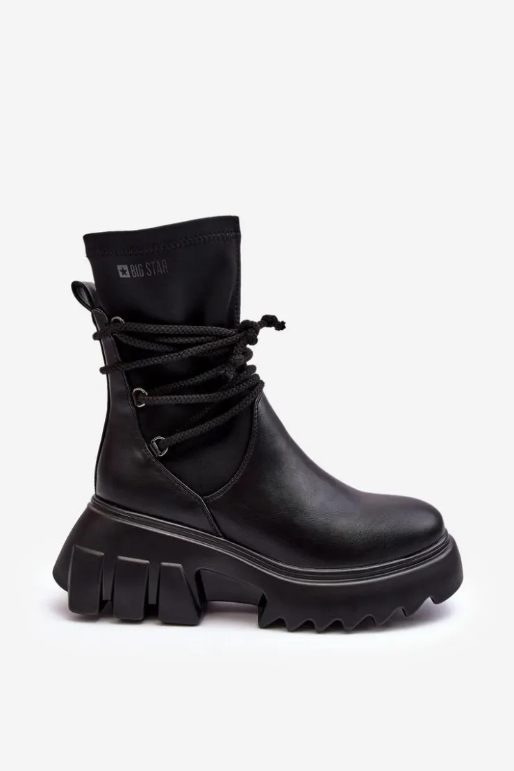 Damskie Big Star Shoes Botki Na Masywnej Platformie Z Wiązaniem Czarne Big Star MM274590