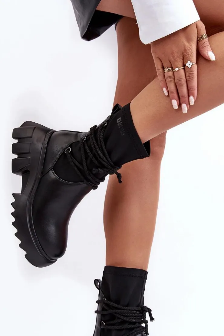 Damskie Big Star Shoes Botki Na Masywnej Platformie Z Wiązaniem Czarne Big Star MM274590
