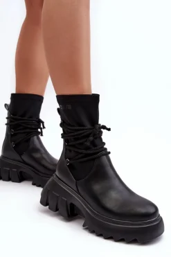 Damskie Big Star Shoes Botki Na Masywnej Platformie Z Wiązaniem Czarne Big Star MM274590