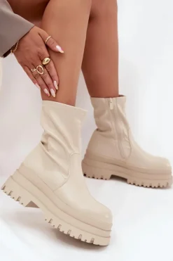 Boto Botki Ocieplane|Czarne Botki*Botki Na Masywnej Platformie Eko Skórzane Beżowe Kylira Beżowy