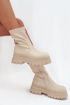 Boto Botki Ocieplane|Czarne Botki*Botki Na Masywnej Platformie Eko Skórzane Beżowe Kylira Beżowy