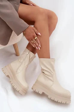 Boto Botki Ocieplane|Czarne Botki*Botki Na Masywnej Platformie Eko Skórzane Beżowe Kylira Beżowy