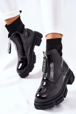 Damskie Boto Botki Na Masywnej Podeszwie Czarne Chicago