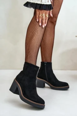 Hot Boto Botki Na Obcasie Słupku Eko Zamszowe Ocieplane Na Zamek Czarne Lerallea