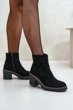 Hot Boto Botki Na Obcasie Słupku Eko Zamszowe Ocieplane Na Zamek Czarne Lerallea