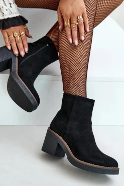 Hot Boto Botki Na Obcasie Słupku Eko Zamszowe Ocieplane Na Zamek Czarne Lerallea