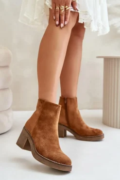 Boto Botki Wiosenne|Botki Ocieplane*Botki Na Obcasie Słupku Eko Zamszowe Ocieplane Na Zamek Camel Lerallea