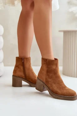 Boto Botki Wiosenne|Botki Ocieplane*Botki Na Obcasie Słupku Eko Zamszowe Ocieplane Na Zamek Camel Lerallea