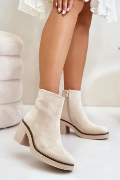 Damskie Boto Botki Na Obcasie Słupku Eko Zamszowe Ocieplane Na Zamek Beżowe Lerallea