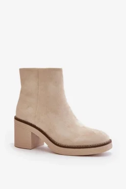 Damskie Boto Botki Na Obcasie Słupku Eko Zamszowe Ocieplane Na Zamek Beżowe Lerallea