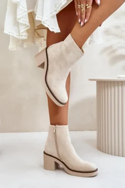 Damskie Boto Botki Na Obcasie Słupku Eko Zamszowe Ocieplane Na Zamek Beżowe Lerallea